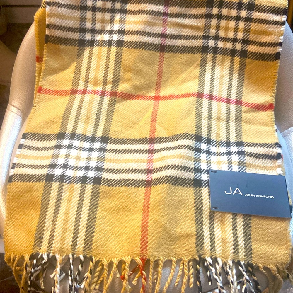John Ashford  plaid scarf camel plaid 66”x 11” classic